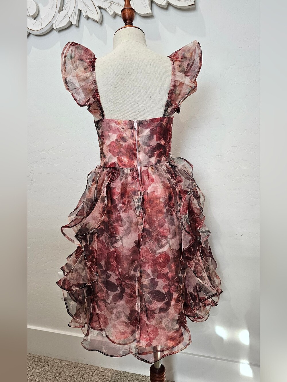 GB girls Floral Ruffle Organza Party Dress Pink & Burgundy Floral Girl's Sz 6 - Picture 2 of 9